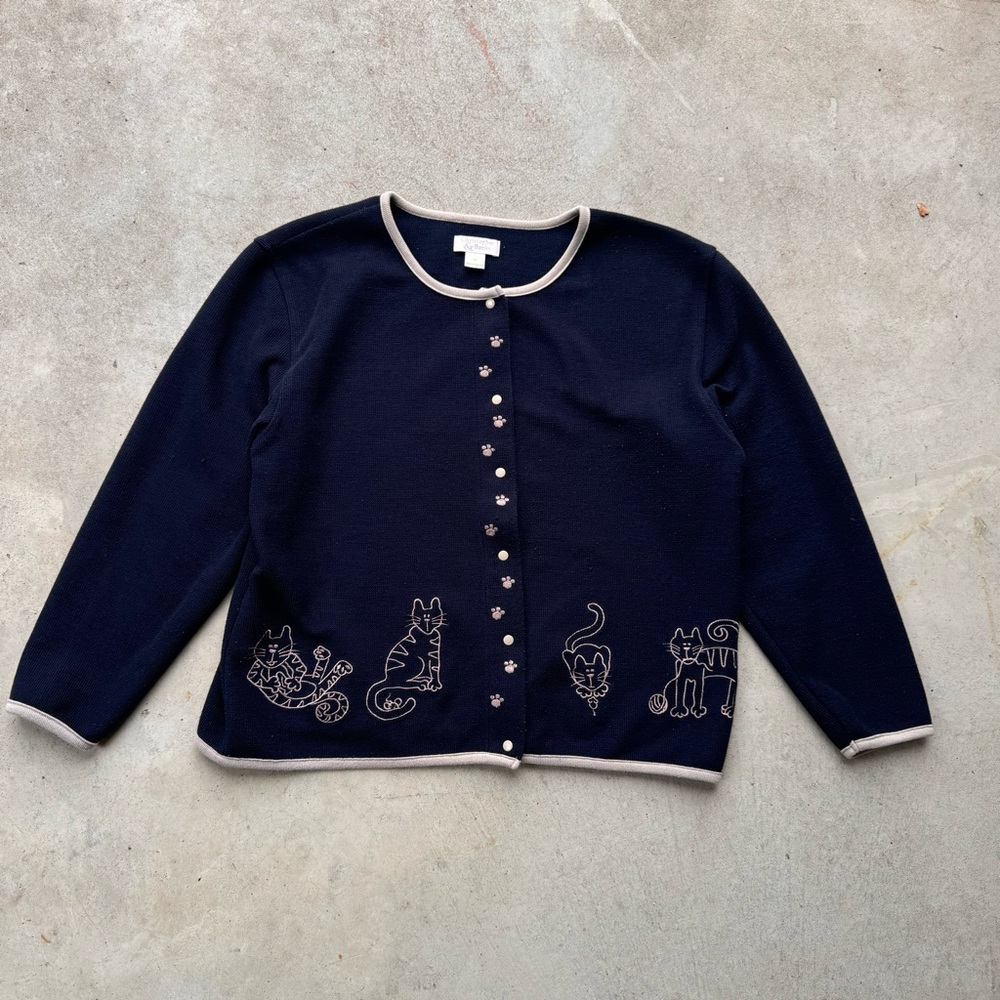 Vintage Christopher & Banks Navy Cardigan with Cream Trim and Cat Embroidery
